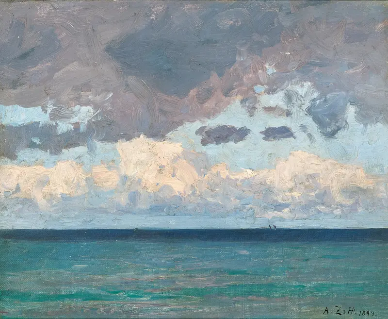 Clouds over the sea, oil on canvas by Alfred Zoff, depicting a serene marine landscape.