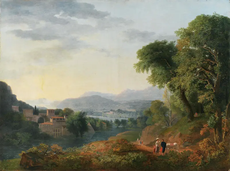 Italianate landscape oil painting by Carlo Labruzzi featuring rolling hills and sunlight