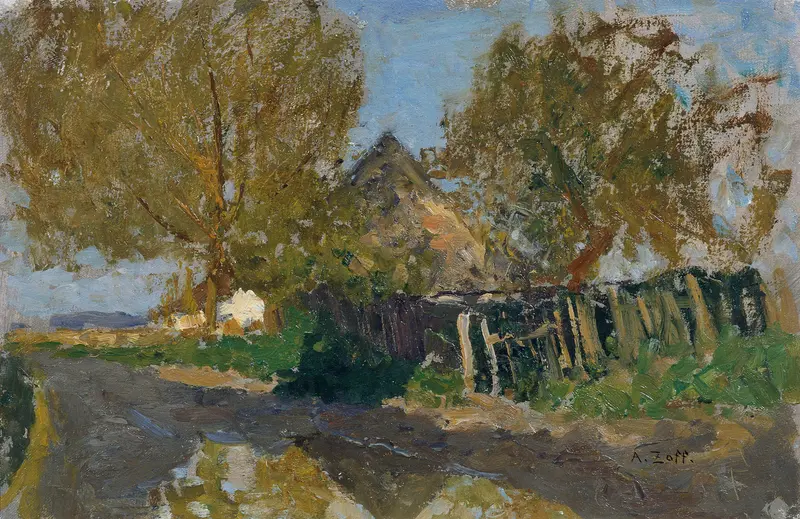 Landscape with trees and a cobblestone pathway, oil painting by Alfred Zoff