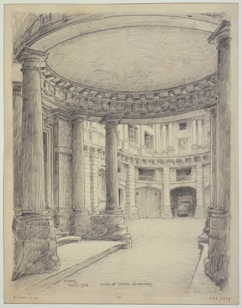 Cour de l’hôtel de Beauvais by Ferdinand Boberg, oil on canvas depicting a warm courtyard