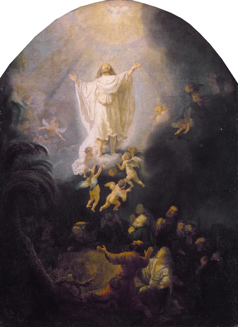 A depiction of Christ's ascension into heaven, surrounded by angels and apostles.