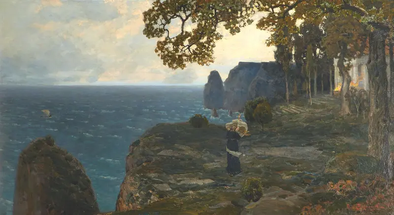 A solitary woman stands on a cliff, arms raised, with a vast sea and dark rocks in the background.