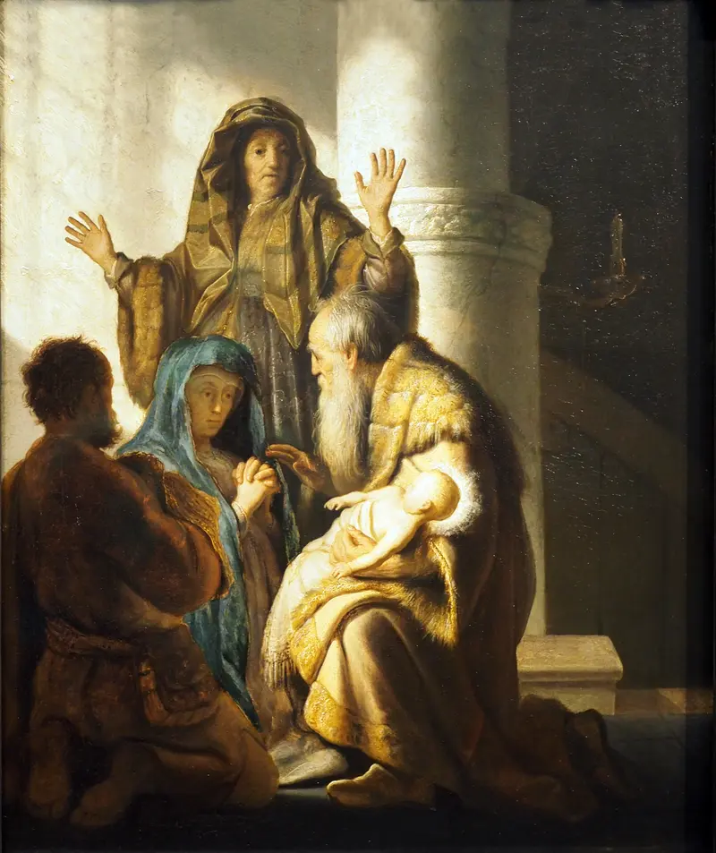 Rembrandt's 'Simeon in the Temple' depicts the aged Simeon cradling the infant Jesus in a moment of fulfillment.