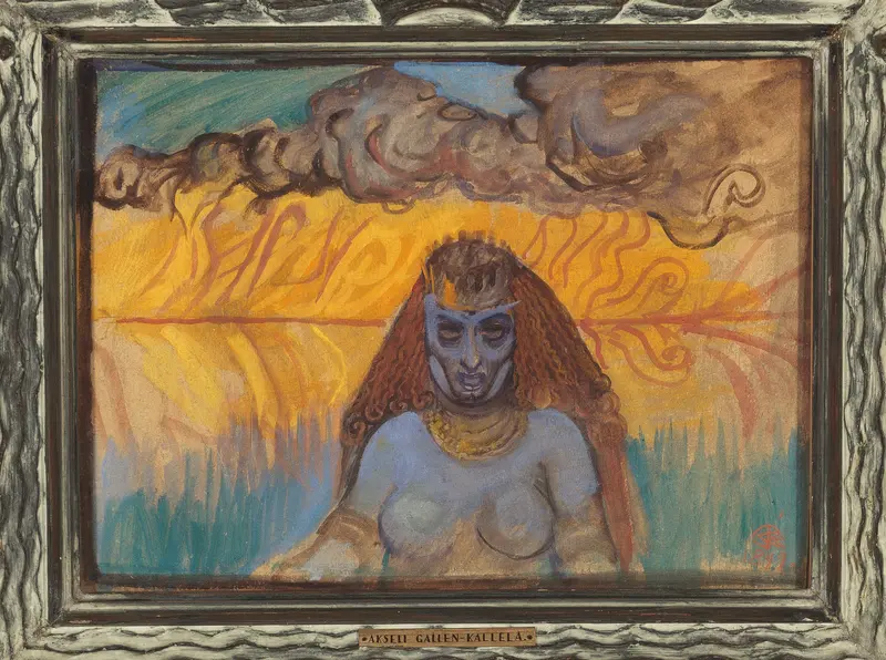A mask-like face painted in blue with reddish hair, set against a stormy ochre and gold background.