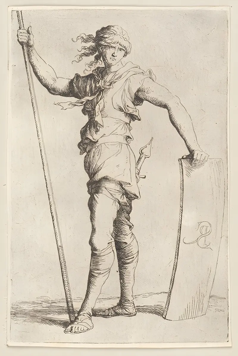 A soldier depicted with a cane and shield, showcasing Baroque artistry.