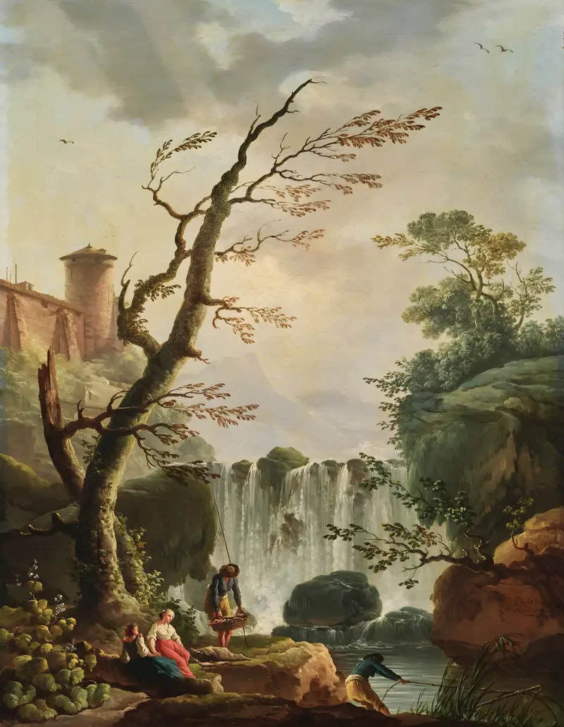 Fishermen at a rocky basin with a waterfall and castle in the background, oil painting by Charles-François Grenier De Lacroix