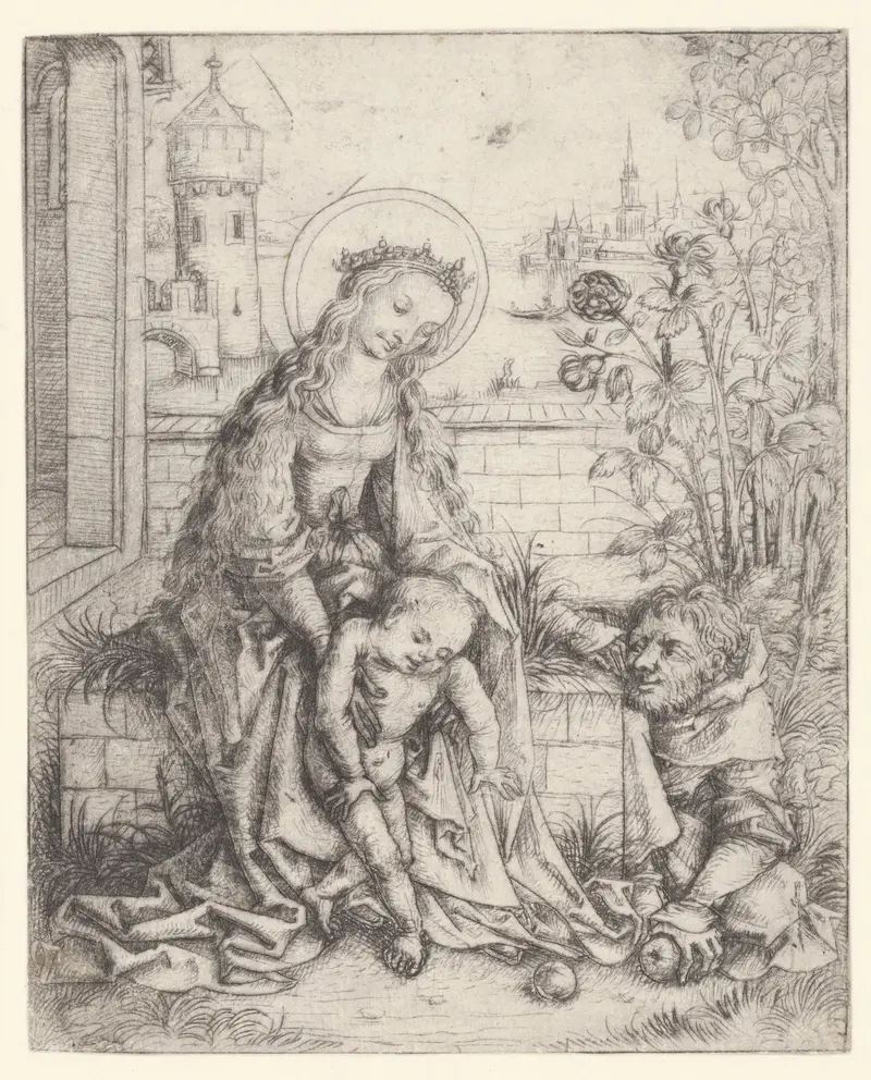 De Heilige Familie bij de rozenstruik, drypoint by Meester van het Amsterdamse Kabinet