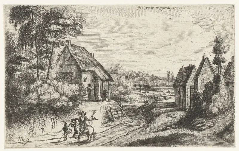 Landscape with two farms along a road, etching by Lodewijk de Vadder