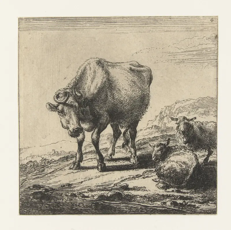 Etching by Nicolaes Pietersz Berchem featuring a cow and two sheep in a pastoral landscape