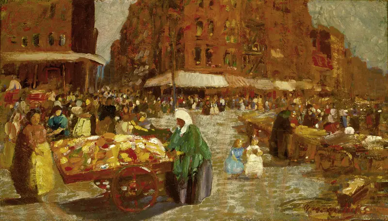 Genre scene of a young girl in a bright dress amidst a bustling city, oil on canvas by George Luks.