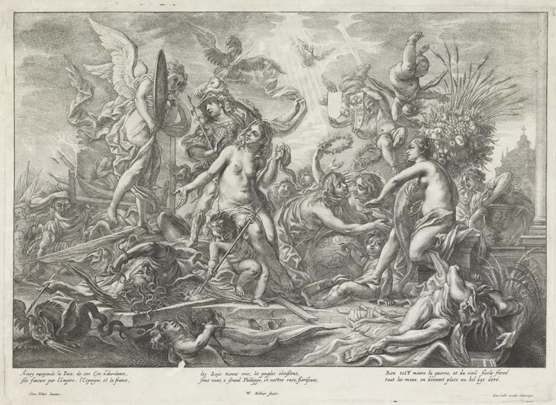 Allegorie op de Vrede van Westfalen etching by Wenceslaus Hollar depicting illuminated figures