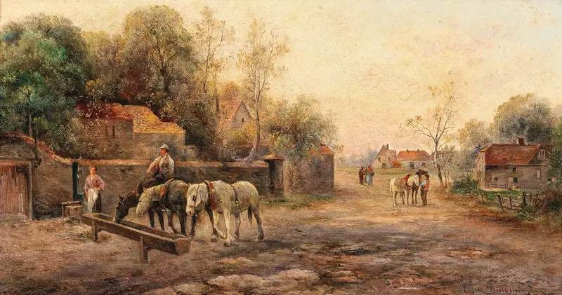 Realism artwork by Emil Barbarini depicting horses near a watering place on a country road