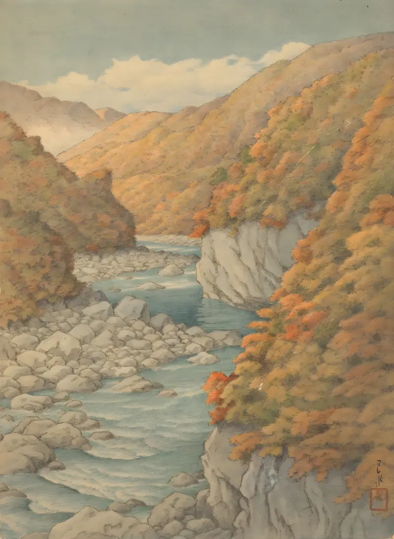 Ukiyo-e by Kawase Hasui, depicting autumn leaves and a tranquil pond