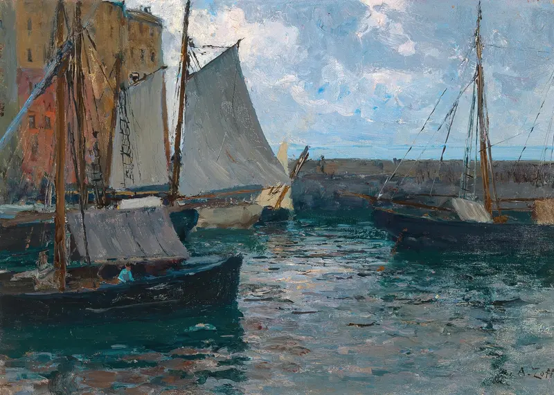 The Harbour of Camogli, oil on canvas by Alfred Zoff, featuring colorful boats and gentle waves.