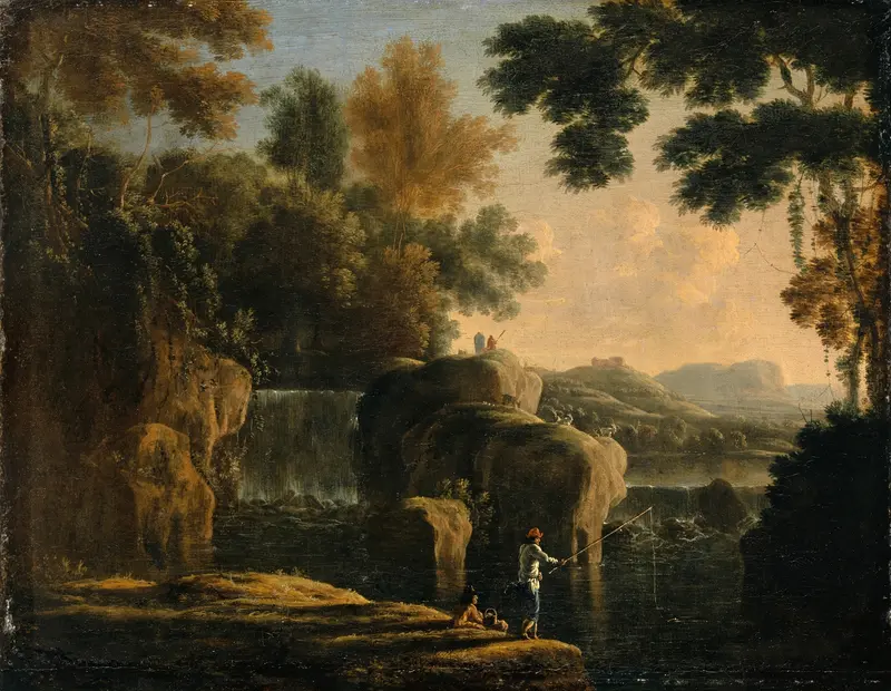 Waterfall with Fishermen, oil on canvas by Herman van Swanevelt