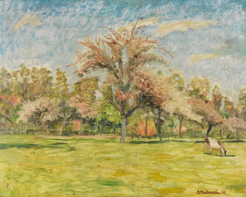 Frühling by Otto Modersohn, oil on canvas depicting a spring landscape with flowers.