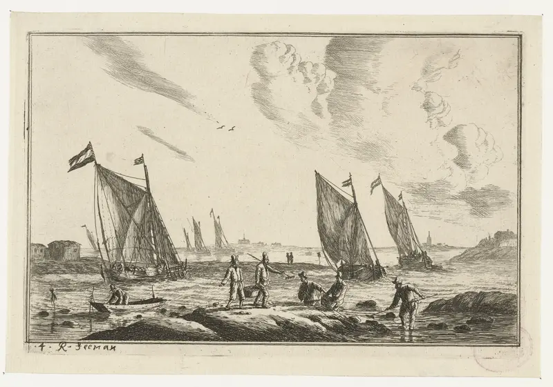 Etching by Reinier Nooms depicting a waterway with greenery
