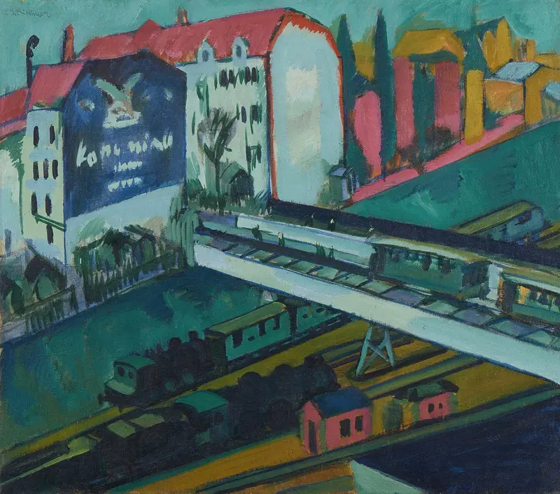 Genre scene by Ernst Ludwig Kirchner, oil painting of tram and train in an urban setting