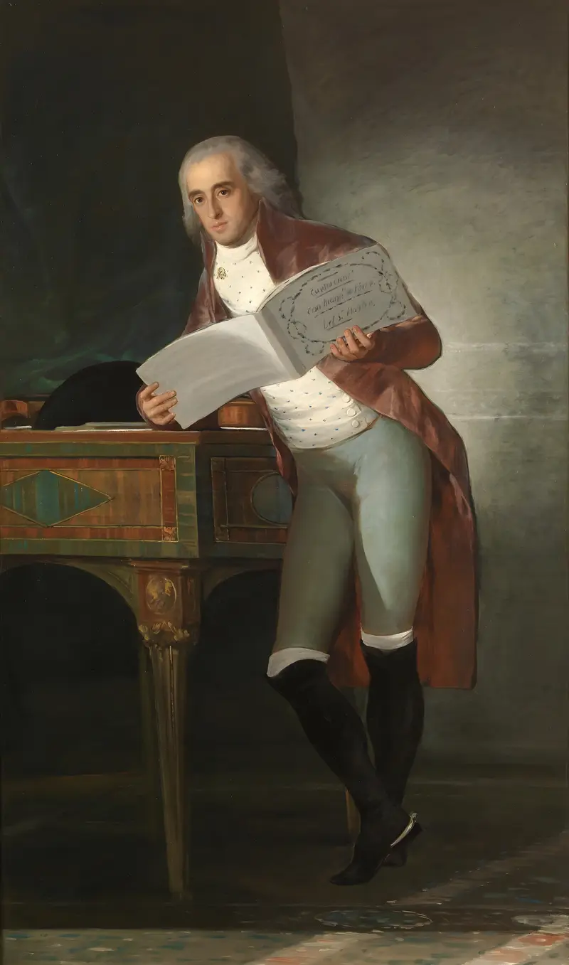 A man in equestrian dress stands leaning against a richly decorated piano, holding an open musical score inscribed with 'Haydn.'
