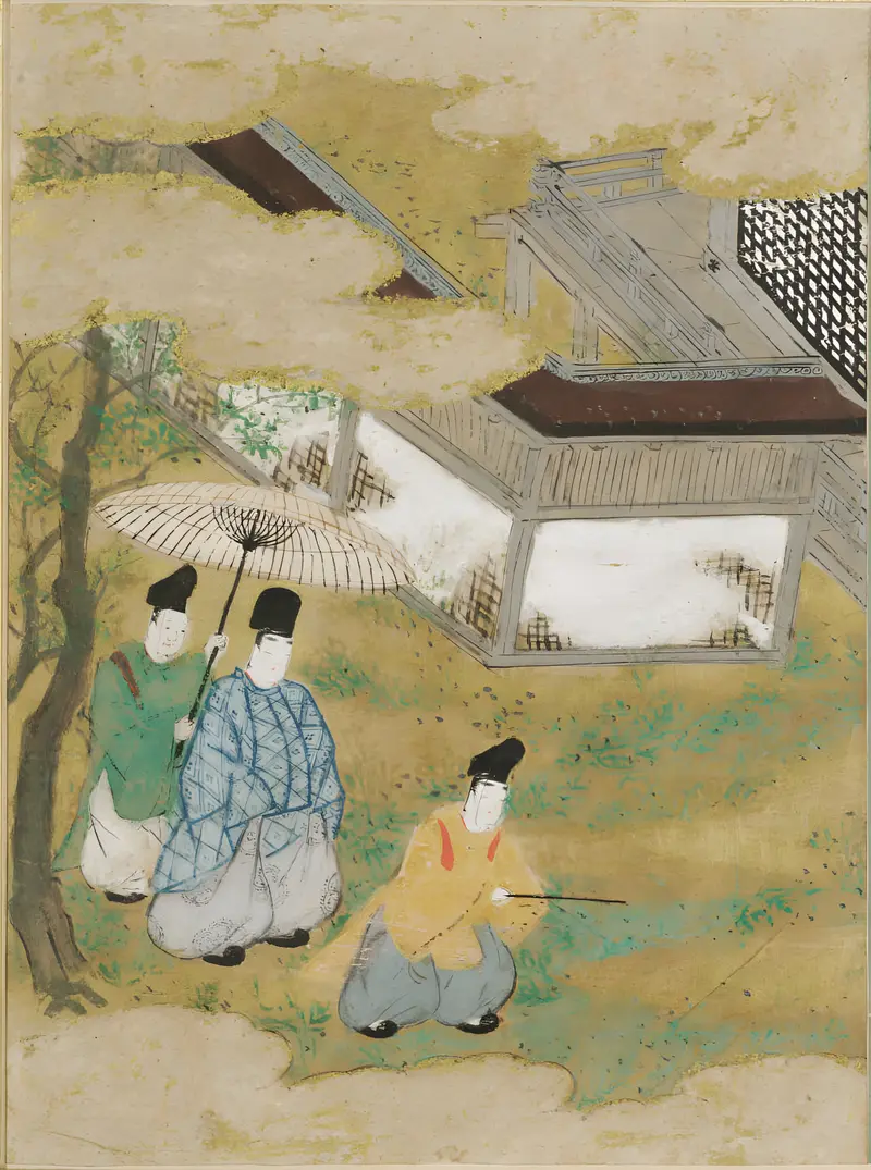 Ukiyo-e by Tosa Mitsunobu depicting nature and narrative, gold medium