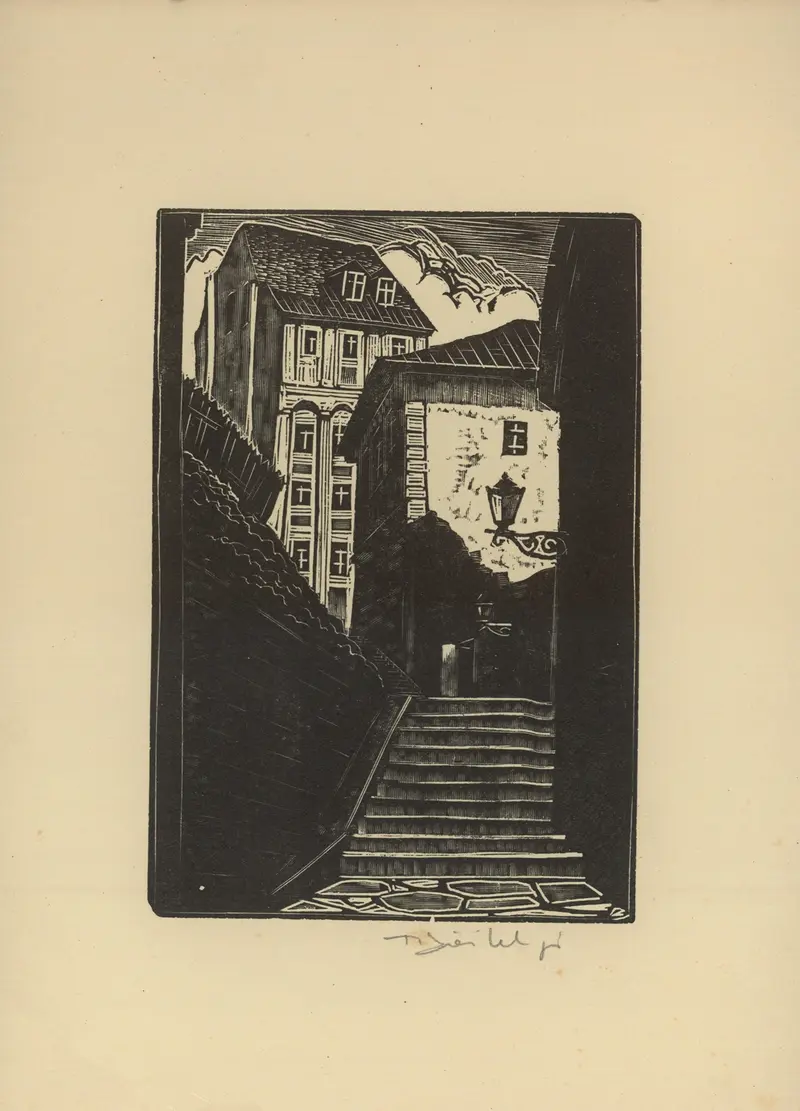 Interior scene with stone steps in darkness by Tadeusz Cieślewski, 1930