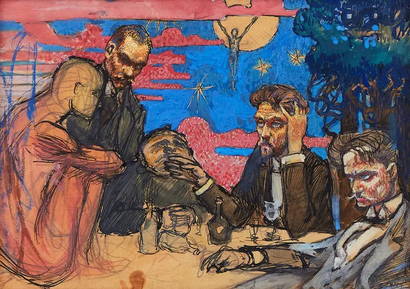 Three men gathered around a table, displaying intense emotions against a vibrant background.