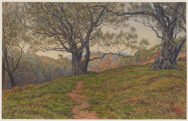 Landscape with olive trees and sunlight, oil painting by Henri Rivière, 1912