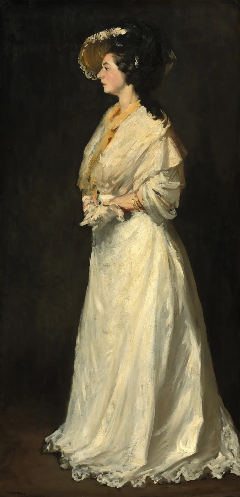 A portrait of a young woman dressed in white, showcasing Robert Henri's realistic style.