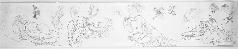 Ukiyo-e Sketches by Katsushika Hokusai, ink on paper depicting figures in motion.