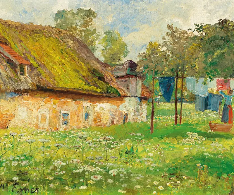 Drying laundry, oil on canvas by Marie Egner, depicting colorful fabrics swaying in sunlight.