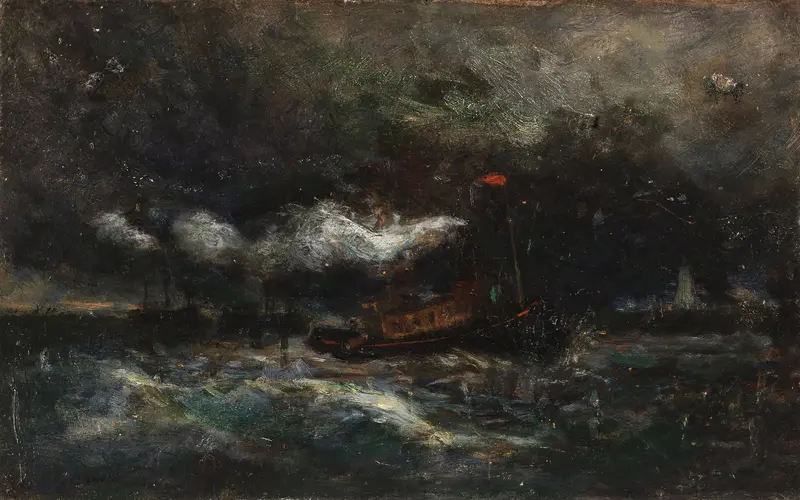 Squall by Edward Mitchell Bannister, oil painting showing a stormy sea with a boat and lighthouse