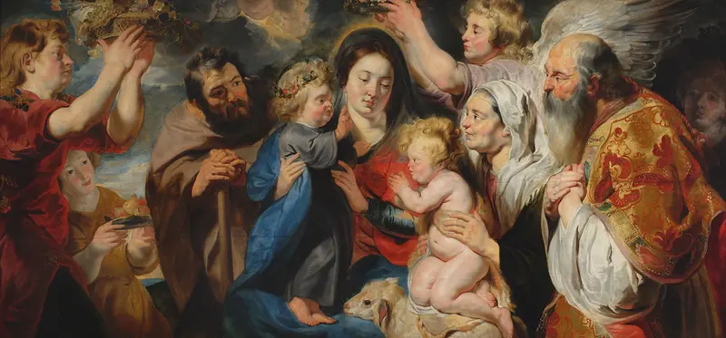 Jacob Jordaens' 'Holy Family with the family of St. John the Baptist surrounded by angels' depicts a warm familial scene.