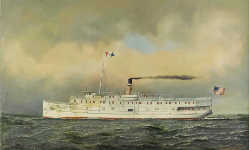 A pale ship, U.S. Army Transport 'Terry', cuts through dark waters under a cloudy sky, with an American flag fluttering at the stern.