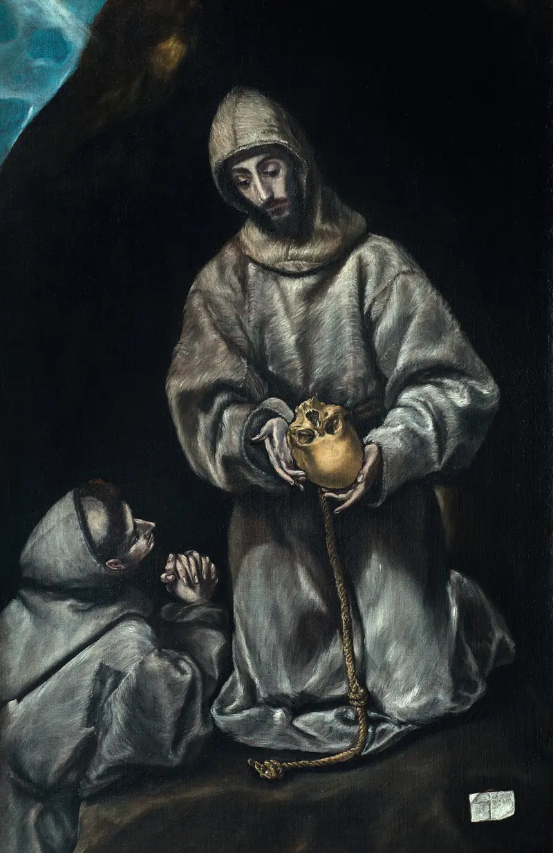 Saint Francis of Assisi kneels in prayer beside Brother Leo in a contemplative scene.