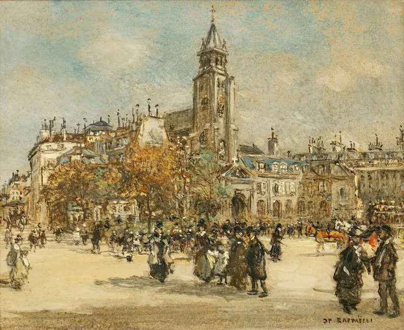 Urban landscape by Jean François Raffaëlli, oil painting depicting a café in Paris.