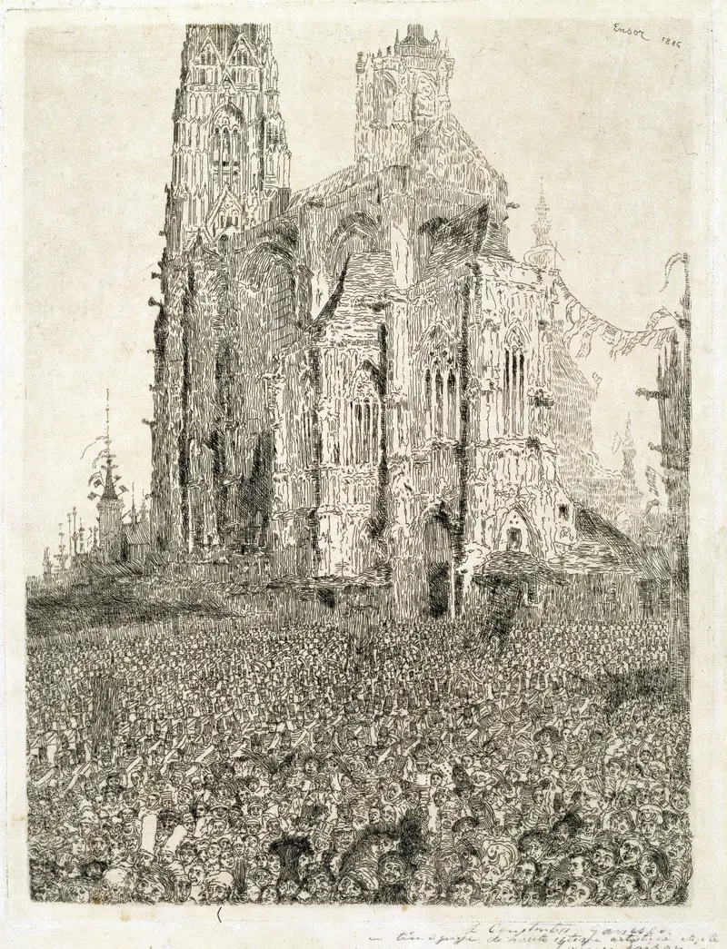 De kathedraal by James Ensor, oil painting depicting a cathedral with intricate details and light.