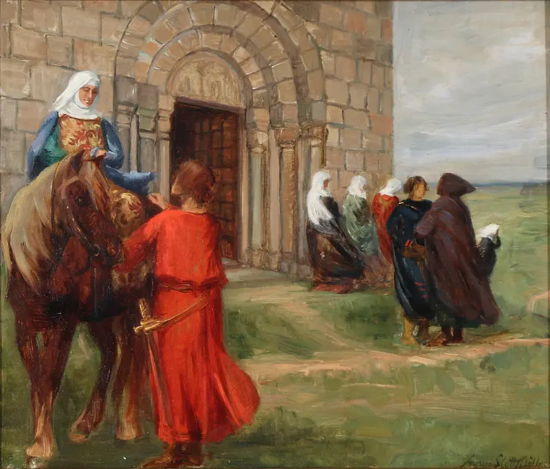 A mounted woman and a man in red meet in front of a church, framed by an ornate Romanesque doorway.