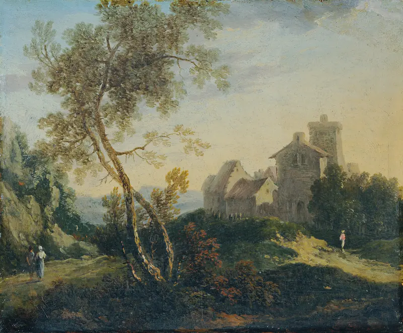Ideale Landschaft mit Bäumen und befestigtem Dorf (Der Abend) oil painting by Johann Christian Brand