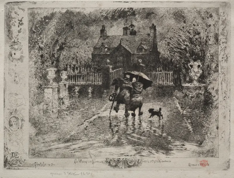 Genre scene depicting two figures in conversation, oil painting by Félix Hilaire Buhot