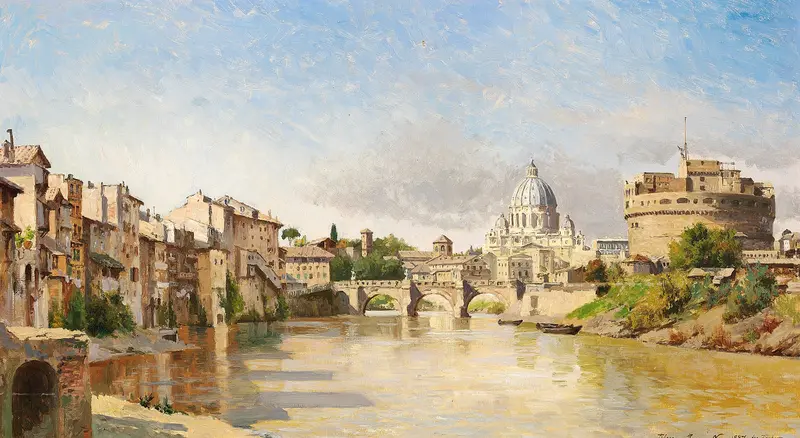 Udsigt over Tiberen mod Engelsborg og Peterskirken by August Fischer, oil on canvas, depicting the Tiber and St. Peter's Basilica.