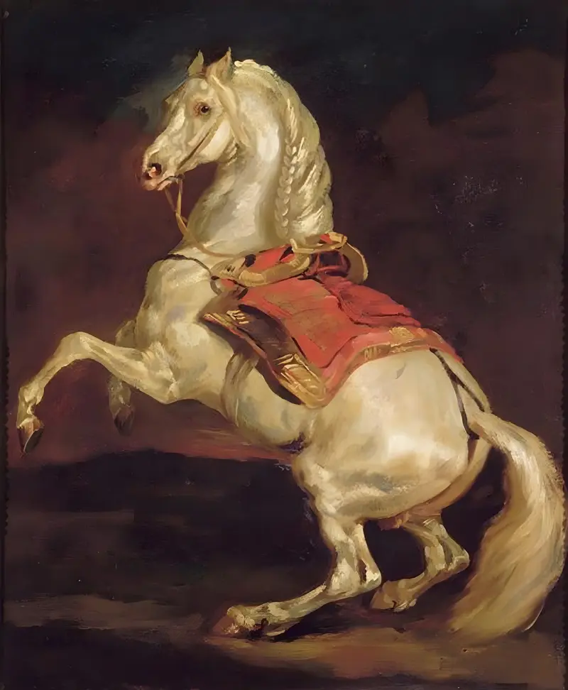 A rearing horse in profile with a red saddlecloth, capturing a moment of wild energy.