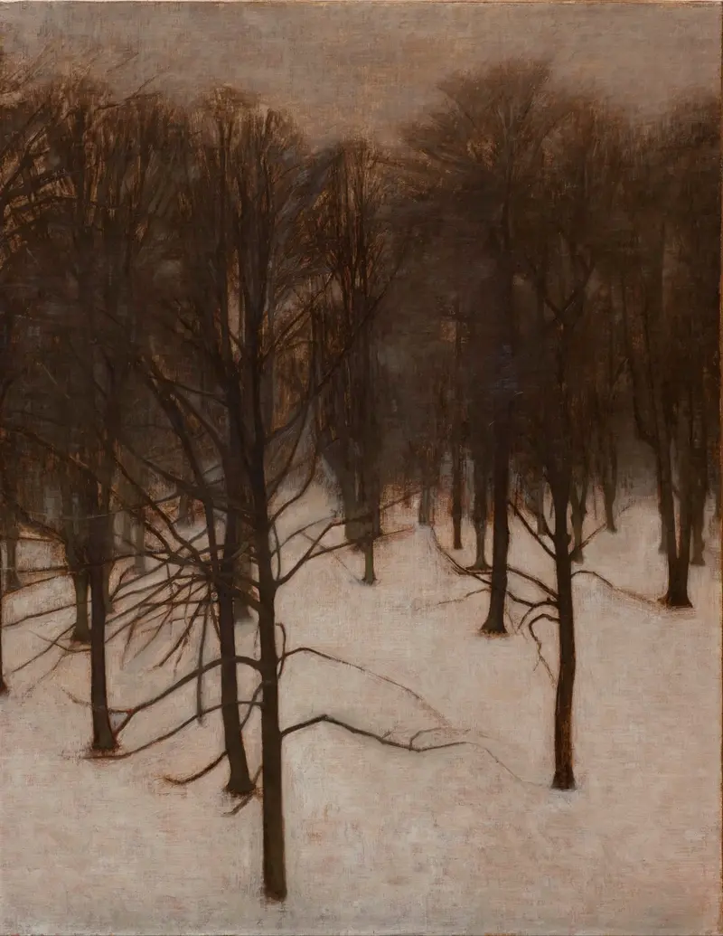 Søndermarken Park in winter, oil on canvas by Vilhelm Hammershøi, depicting a snowy landscape with figures.