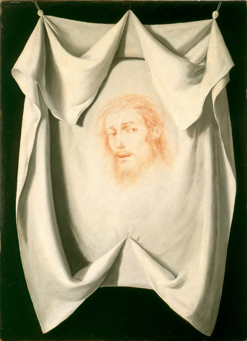 A haunting depiction of the Veil of Veronica with Christ's face imprinted on it.