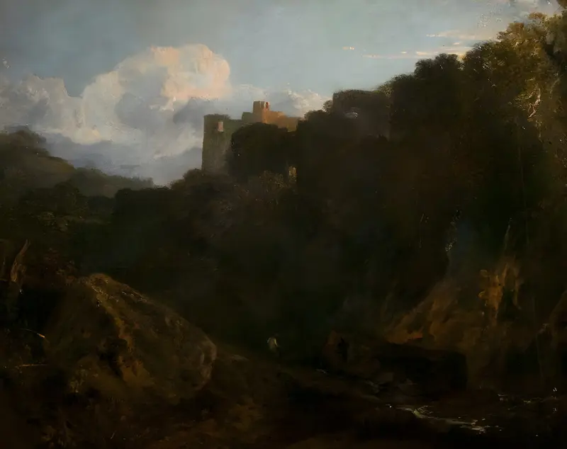 A dramatic depiction of Cilgerran Castle amidst a lush Welsh landscape.