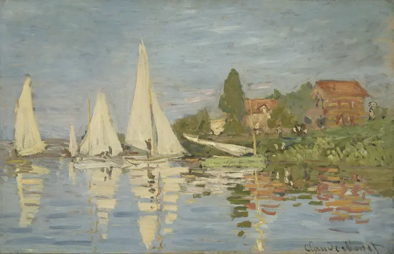 Regattas at Argenteuil by Claude Monet, oil painting depicting racing boats on the Seine.