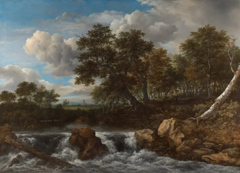Landscape with Waterfall, oil painting by Jacob Isaacksz van Ruisdael featuring a waterfall and trees.