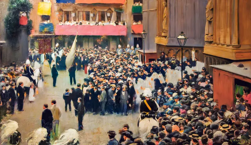 A depiction of a religious procession in a vibrant urban setting.