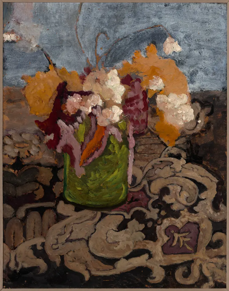 Still life with a green flower vase, wood medium by Paula Modersohn-Becker