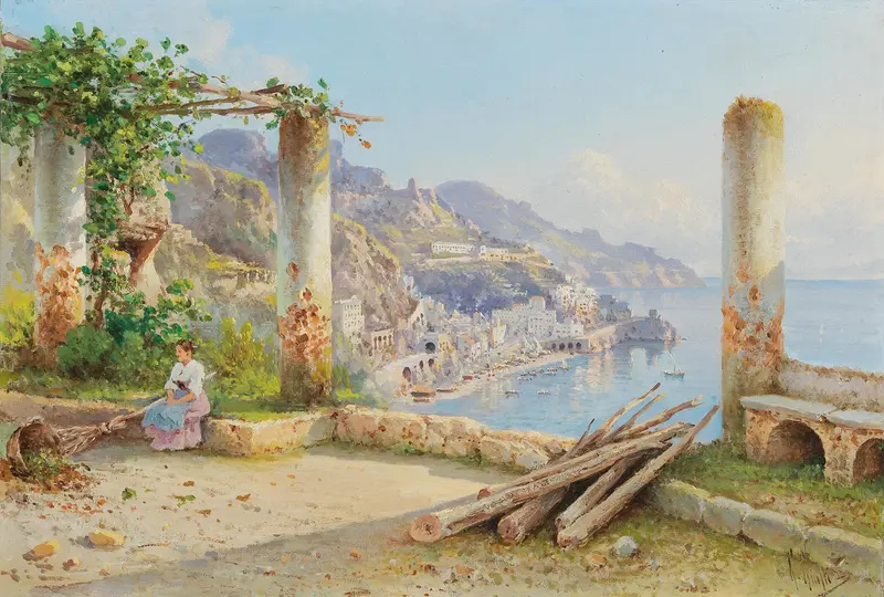 Coastal landscape with radiant blues and soft pastels by Guglielmo Giusti, oil on canvas