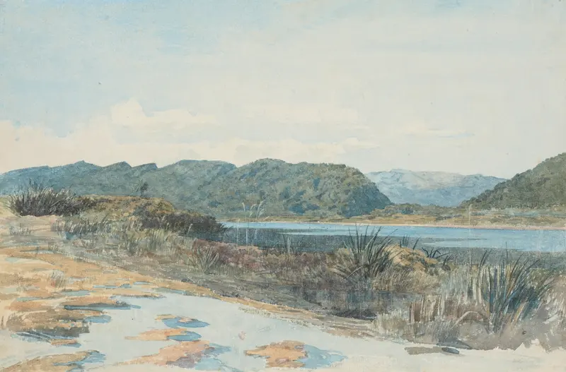 Lagoon at Greymouth by James Crowe Richmond, oil on canvas depicting a tranquil lagoon at dawn.